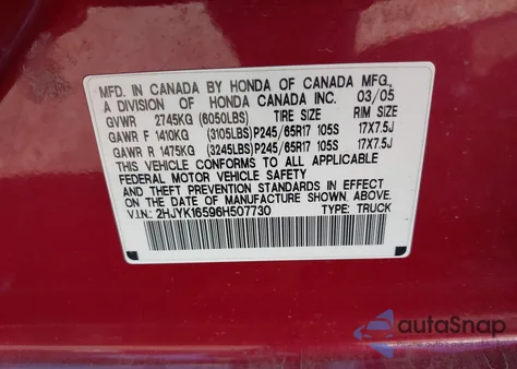 2006 Honda Ridgeline Rtl из США, поврежденный, VIN 2HJYK16596H507730